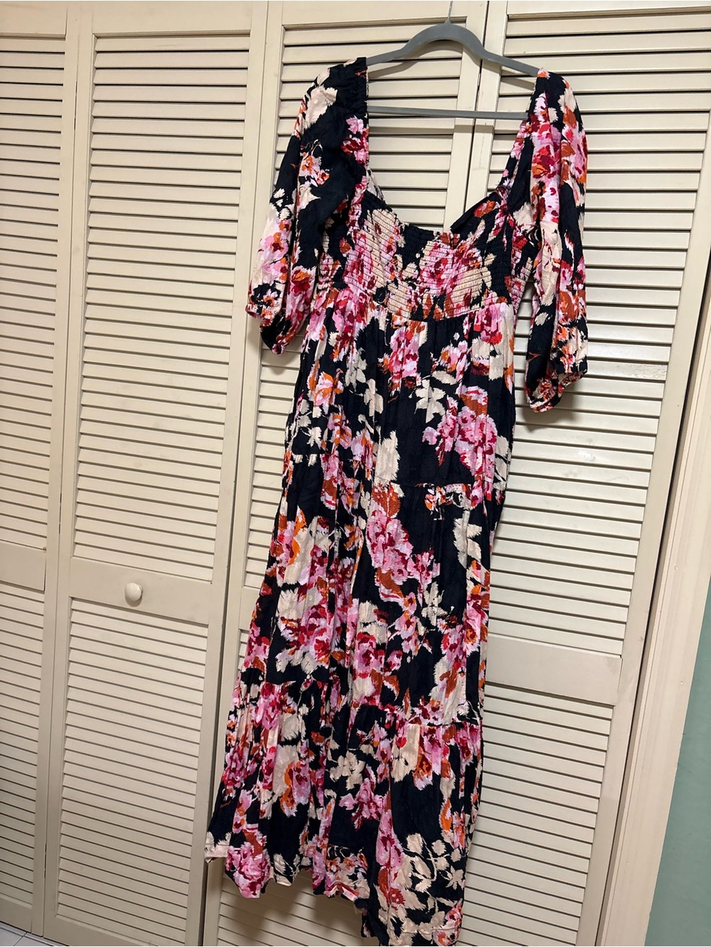 Anthropologie Navy Floral Midi Dress with Pink & Cream Blooms